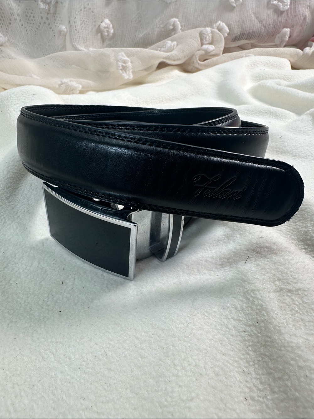 Men’s Black Leather Belt with Rectangular Silver-Tone Buckle Size 28-44
